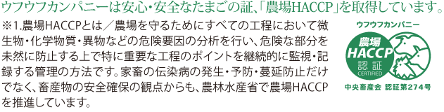 ※1.農場HACCPとは／農場を守るためにすべての工程において微生物・化学物質・異物などの危険要因の分析を行い、危険な部分を未然に防止する上で特に重要な工程のポイントを継続的に監視・記録する管理の方法です。家畜の伝染病の発生・予防・蔓延防止だけでなく、畜産物の安全確保の観点からも、農林水産省で農場HACCPを推進しています。